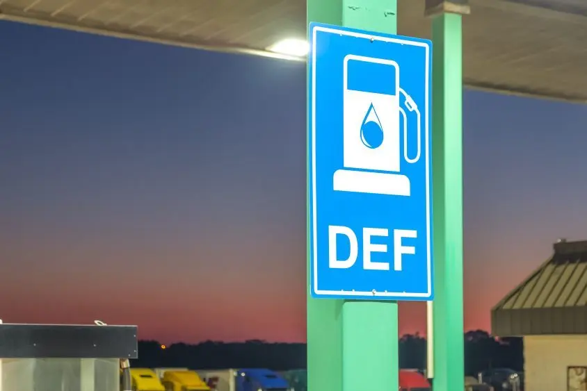 Diesel exhaust fluid or DEF sign posted in a truck stop^ next to fuel pump