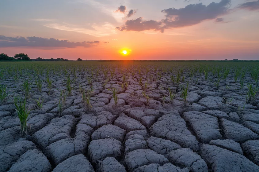 Rows of young corn plants are struggling to grow in dry, cracked soil at sunset, illustrating the impact of a severe drought on agriculture
