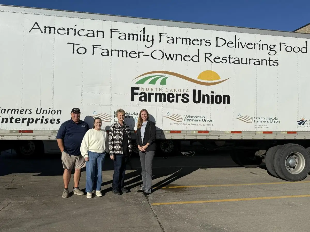 South Dakota Farmers Union donated 35,000 pounds of pork on October 17 to Feeding South Dakota. Pictured here (left to right): Kevin Widmer, North Dakota Farmers Union Driver, Susanne Gale, Senior Development Officer, Feeding South Dakota; Karla Hofhenke, Executive Director, South Dakota Farmers Union and Megan Kjose, Chief Development Officer, Feeding South Dakota.