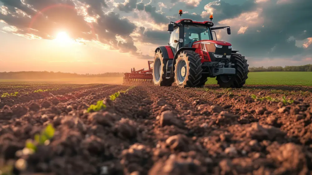 a-farmer-in-a-tractors-and-harvester-working-in-the-field-to-prepares-the-ground-agriculture-concept-suitable-for-production-a-tractor-on-a-soybean-farm-in-the-spring-sunset-generative-ai
