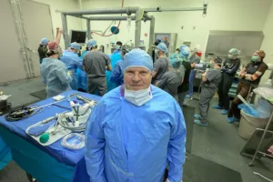 WSU equine veterinarian Dr. Claude Ragle poses for a photo during an equine surgery lab at the Veterinary Teaching Hospital in Washington State University’s College of Veterinary Medicine in Pullman (photo by College of Veterinary Medicine/Ted S. Warren).