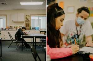 Left: A student scrolls social media at Choice High School in Shelton. Right: Choice High School and Open Doors teacher Mason Bryant classroom helps Takoda Tahkeal, 17, with homework that focuses on managing a budget. (Grant Hindsley for Cascade PBS)