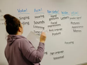 Diane Anderson, a pre-employment transitionary service teacher with Morningside teaches about communication styles and methods at Choice High School. (Grant Hindsley for Cascade PBS)