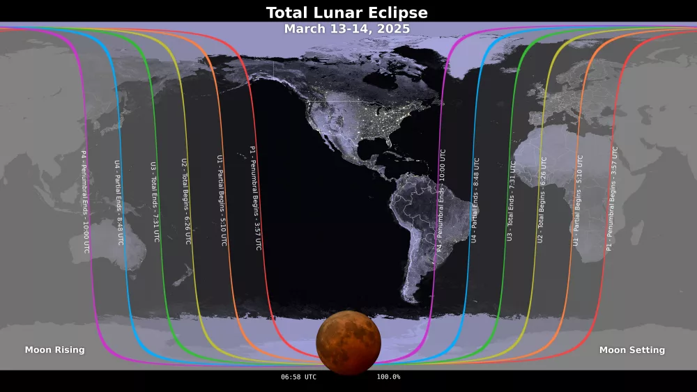 Map showing where the March 13-14, 2025 lunar eclipse is visible. Contours mark the edge of the visibility region at eclipse contact times, labeled in UTC. NASA’s Scientific Visualization Studio