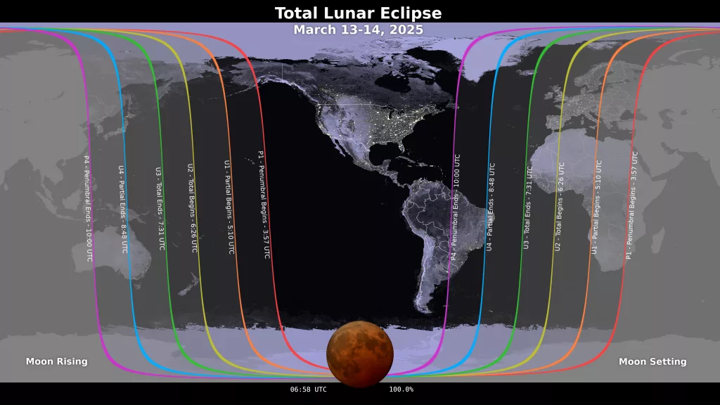 Map showing where the March 13-14, 2025 lunar eclipse is visible. Contours mark the edge of the visibility region at eclipse contact times, labeled in UTC. NASA’s Scientific Visualization Studio