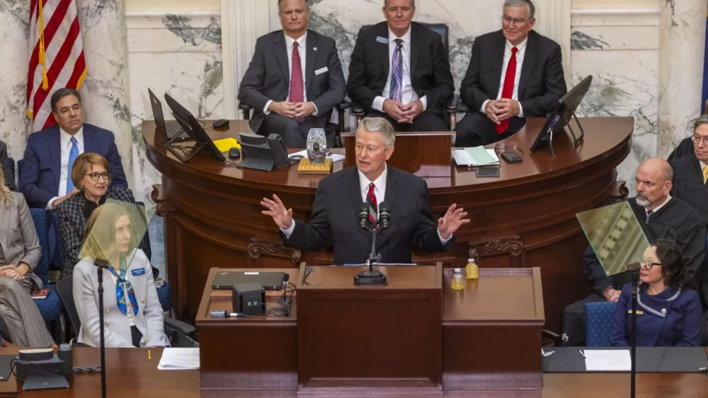 Idaho Gov. Brad Little gives his annual State of the State address on Jan. 6, 2025, on the House floor at the Statehouse in Boise. (Pat Sutphin for the Idaho Capital Sun)