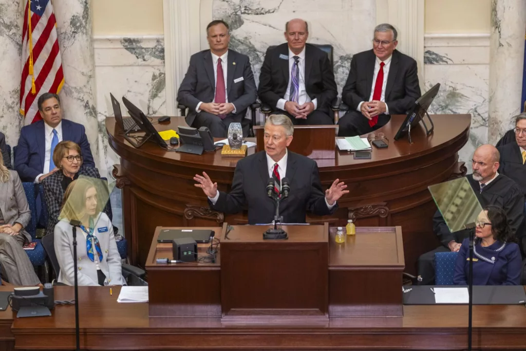Idaho Gov. Brad Little gives his annual State of the State address on Jan. 6, 2025, on the House floor at the Statehouse in Boise. (Pat Sutphin for the Idaho Capital Sun)
