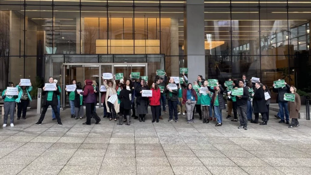 Staff at the Washington state attorney general’s office in Seattle and elsewhere staged a walkout Thursday to make their case against furloughs and budget cuts. (Photo courtesy of Julia Parkey)