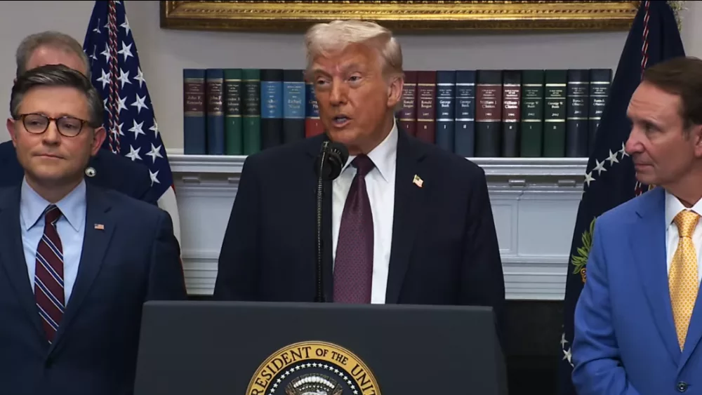 House Speaker Mike Johnson, R-La., speaks at a news conference at the White House on Monday, March 24, 2025, with President Donald Trump and Louisiana Gov. Jeff Landry. The White House | YouTube