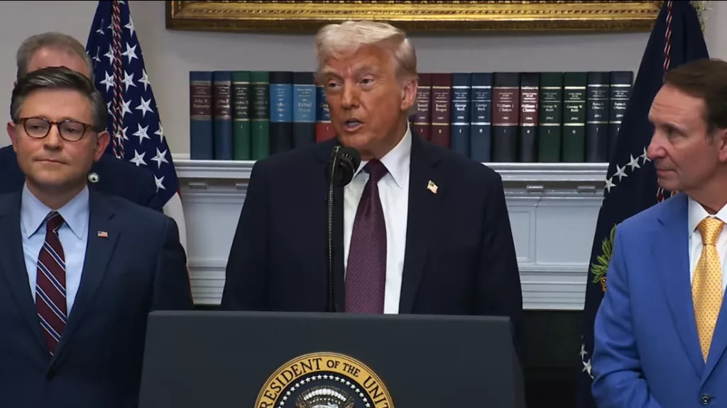 House Speaker Mike Johnson, R-La., speaks at a news conference at the White House on Monday, March 24, 2025, with President Donald Trump and Louisiana Gov. Jeff Landry. The White House | YouTube