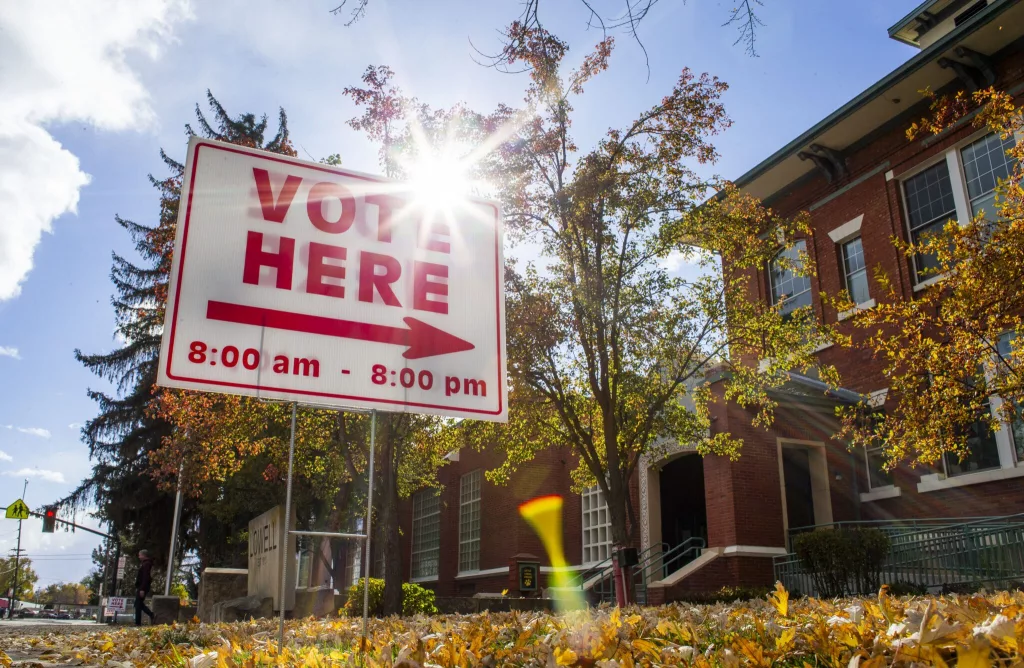 A “Vote Here” sign is on display during the general election on Nov. 5, 2024, at Lowell Elementary School in Boise. (Pat Sutphin for the Idaho Capital Sun)