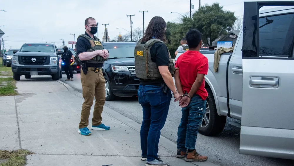 ICE officials arrest a foreign national during an enforcement operation in San Antonio on Feb. 5., 2025. U.S. Immigration and Customs Enforcement