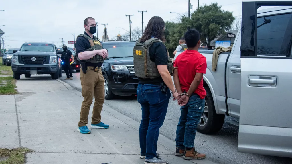 ICE officials arrest a foreign national during an enforcement operation in San Antonio on Feb. 5., 2025. U.S. Immigration and Customs Enforcement