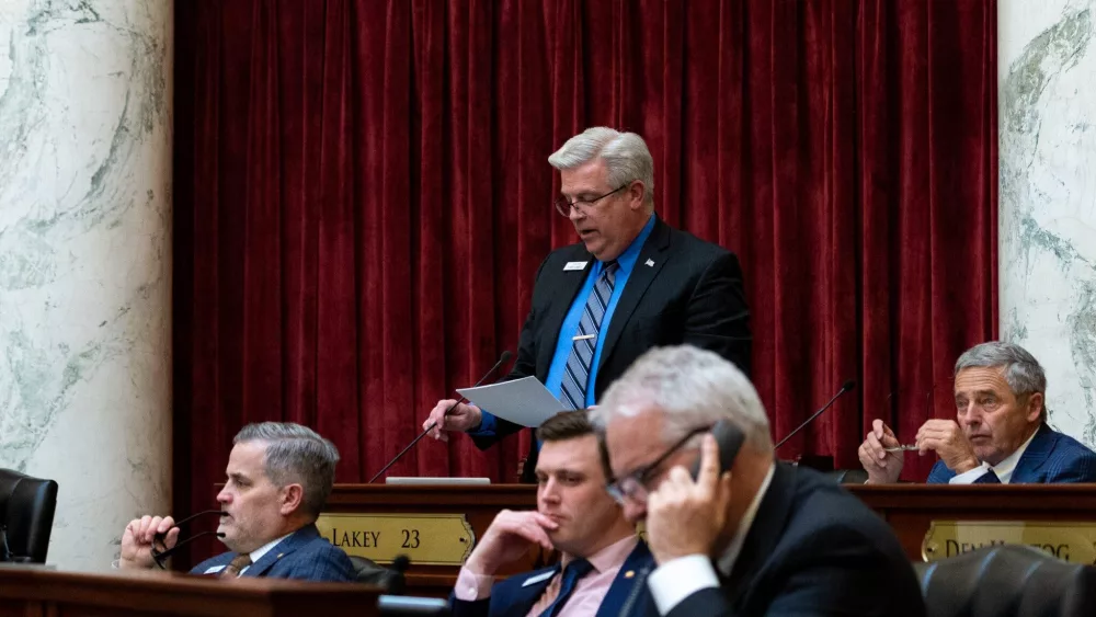 Sen. Todd Lakey, R-Nampa, stands to debate on the Idaho Senate floor on March 25, 2024. (Kyle Pfannenstiel/Idaho Capital Sun)