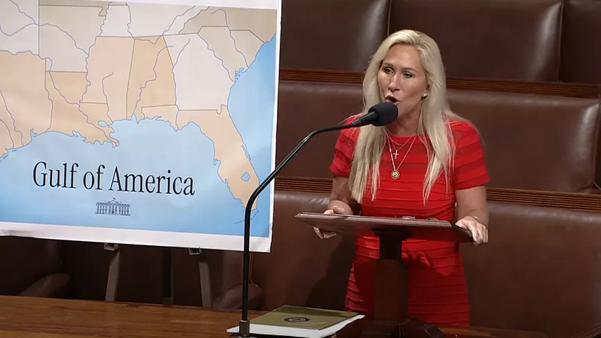 U.S. Rep. Marjorie Taylor Greene, R-Ga., speaks about her bill renaming the Gulf of Mexico to the “Gulf of America” on Thursday, May 8, 2025, at the U.S. Capitol in Washington D.C. (Screenshot via U.S. House Clerk livestream)