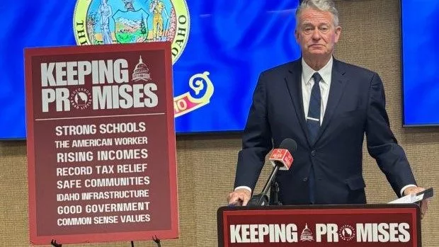 Gov. Brad Little reflects on the 2025 legislative session at a media event held in Idaho Falls Thursday.