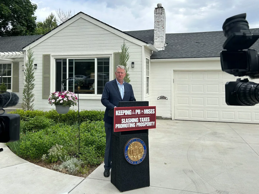 In a news conference in Nampa, Idaho Gov. Brad Little recapped the 2025 legislative session, touting $400 million in tax cuts. (Kyle Pfannenstiel/Idaho Capital Sun)