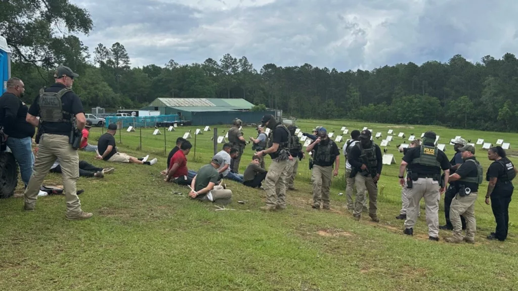 U.S. Immigration and Customs Enforcement officers, some of them masked, work alongside Harrison County, Miss., sheriff’s deputies to make arrests in an investigation into illegal immigration and cockfighting in early May. States are increasingly setting policy for sheriffs on how much they can cooperate with ICE at local jails. (Photo by U.S. Immigration and Customs Enforcement)