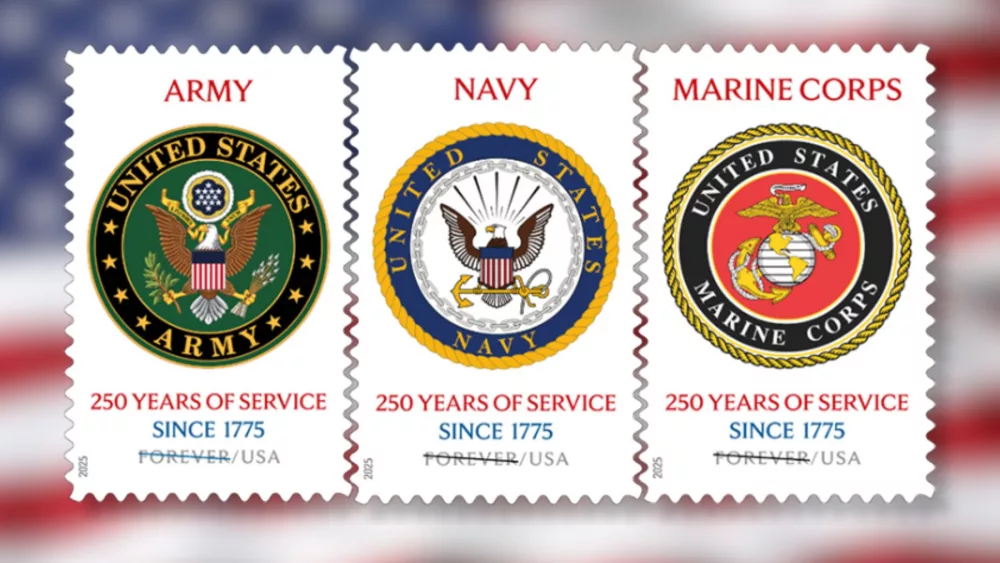 Three new USPS commemorative stamps honoring the 250th anniversaries of the Army, Navy and Marine Corps were unveiled during a ceremony at Freedom Plaza in Washington, May 16, 2025.