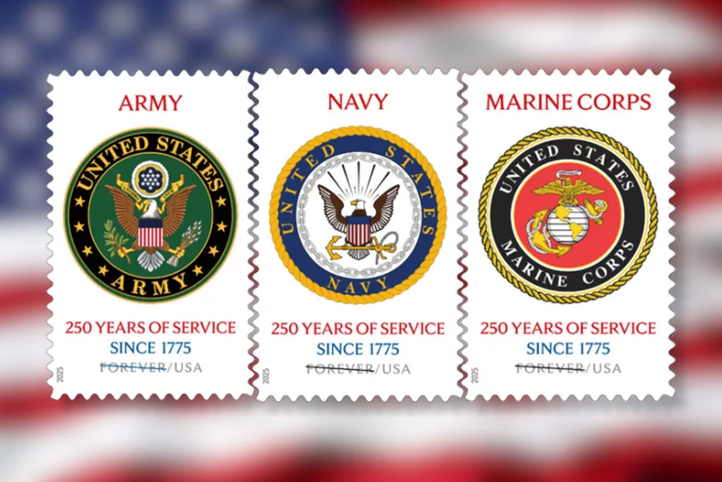 Three new USPS commemorative stamps honoring the 250th anniversaries of the Army, Navy and Marine Corps were unveiled during a ceremony at Freedom Plaza in Washington, May 16, 2025.
