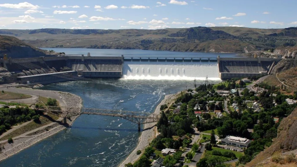 Construction of the Grand Coulee Dam in Washington began in 1933 and was completed in 1942. It is the largest hydropower producer in the U.S. and also part of the federal Columbia River Power System. (Courtesy of Bureau of Reclamation)