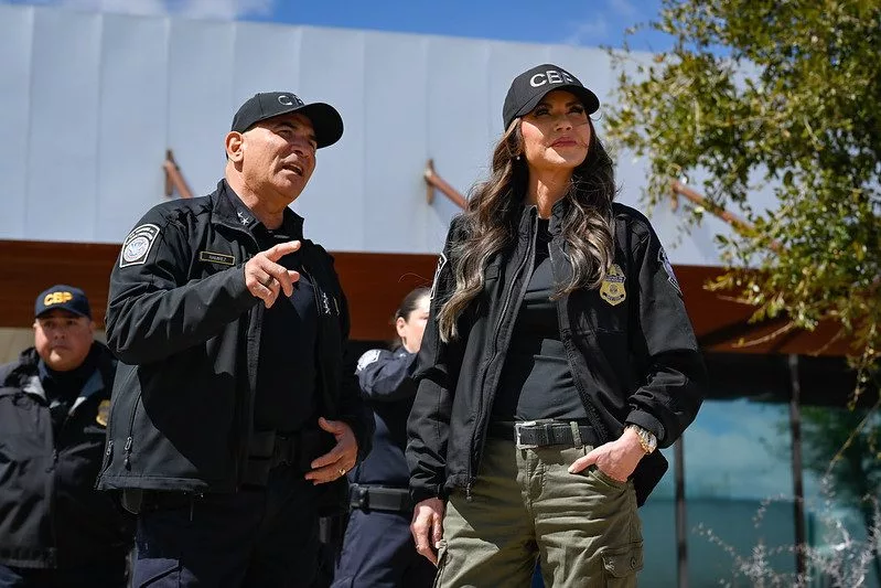Department of Homeland Security (DHS) Secretary Kristi Noem engages with Border Patrol personnel assigned to the Mariposa Point of Entry at the Nogales, Arizona border, March 15, 2025. (DHS photo by Mikaela McGee)