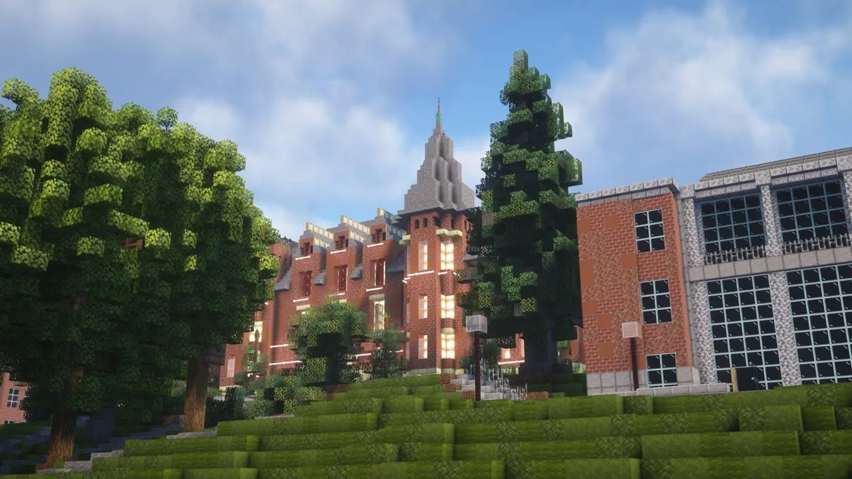 A Minecraft build of Thompson Hall on the WSU Pullman campus