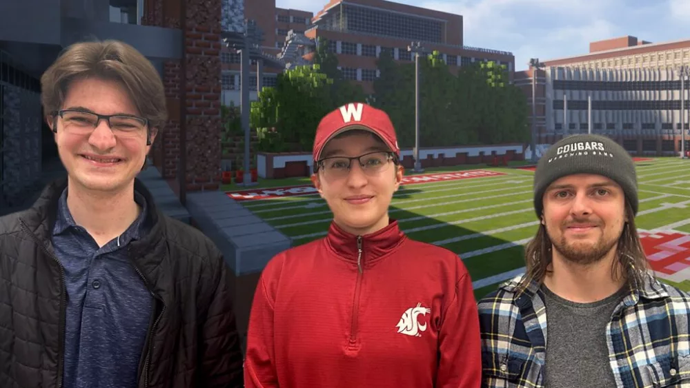 Left to right: WSU students Matthew Johnson, Kacey Gavin, and Alec Kritsonis in front of a Minecraft build of Rogers Practice Field on the WSU Pullman campus.