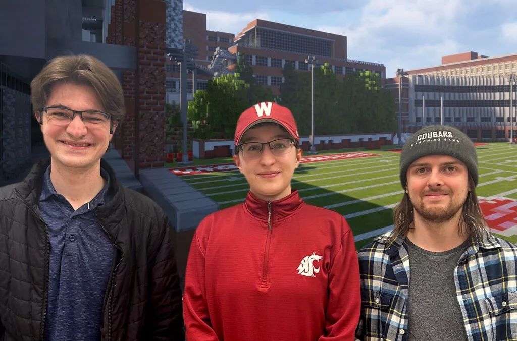 Left to right: WSU students Matthew Johnson, Kacey Gavin, and Alec Kritsonis in front of a Minecraft build of Rogers Practice Field on the WSU Pullman campus.