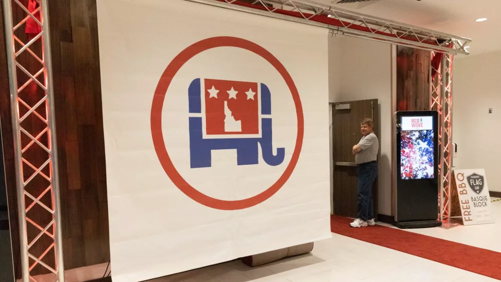 The Idaho Republican Party logo hangs outside the door to the Idaho Republican Party primary celebration on May 17, 2022. (Otto Kitsinger for Idaho Capital Sun)