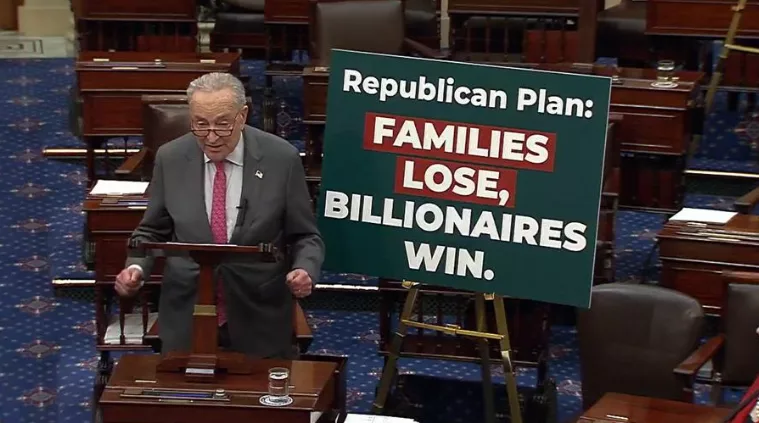 Sen. Chuck Schumer, D-N.Y., speaks on the Senate floor about the Senate budget resolution on April 3, 2025. U.S. Senate video