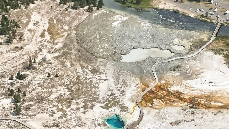 This is an aerial view of Biscuit Basin in Yellowstone National Park as seen on July 23, 2024, after a hydrothermal explosion in the area. The area is still closed “due to the possibility of another event” at the site, according to park officials. (Joe Bueter/National Park Service)