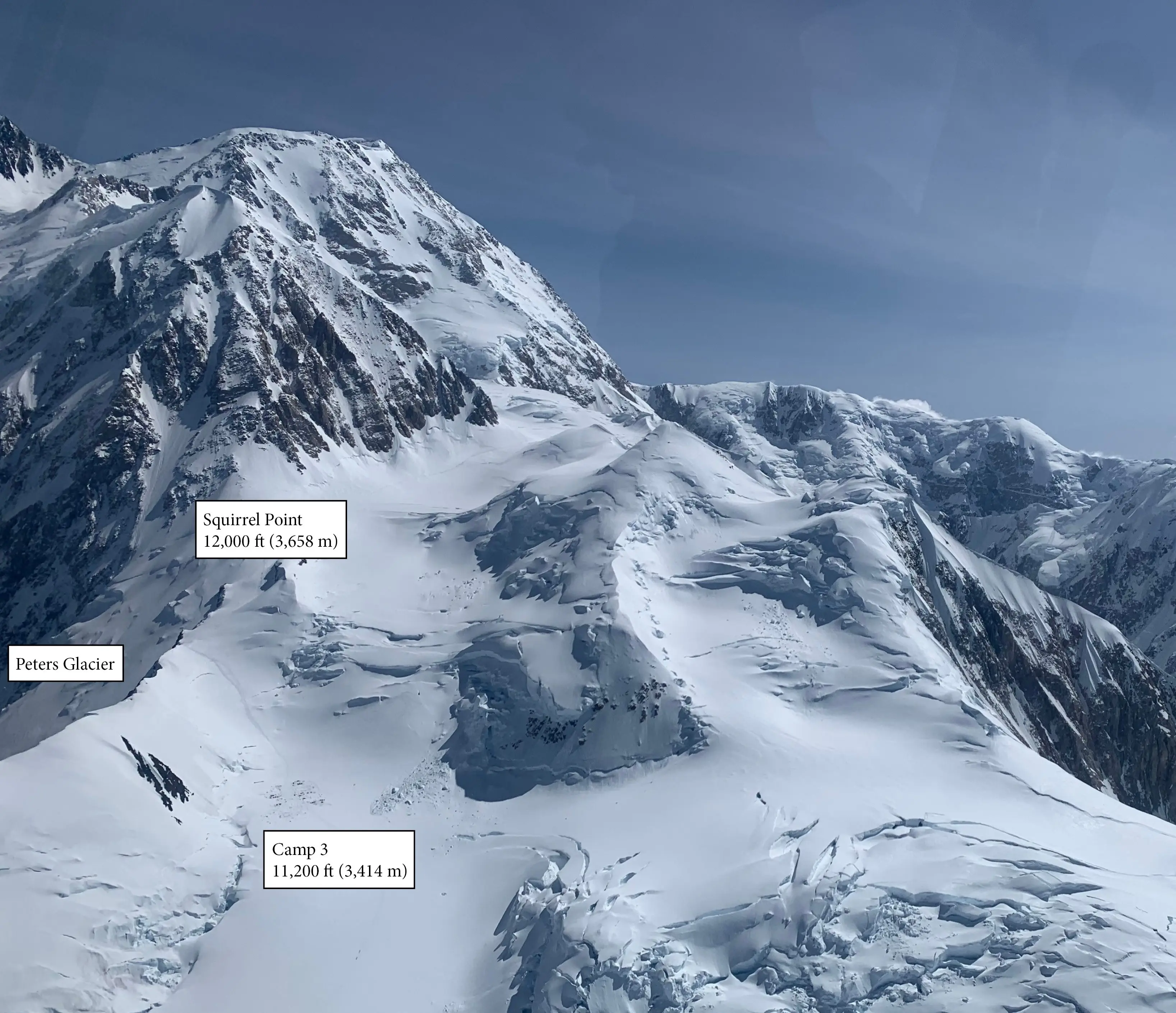 Photo of the area on the Mt. McKinley West Buttress Route where the fall took place on June 2, 2025. NPS Photo