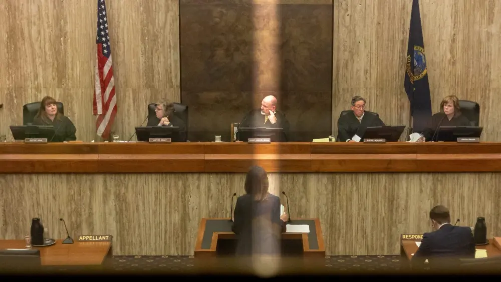 Anne Henderson Haws, an attorney representing the abortion ballot initiative group Idahoans United for Women and Families, presents opening arguments to the Idaho Supreme Court on Friday, April 25, 2025. (Kyle Pfannenstiel/Idaho Capital Sun)