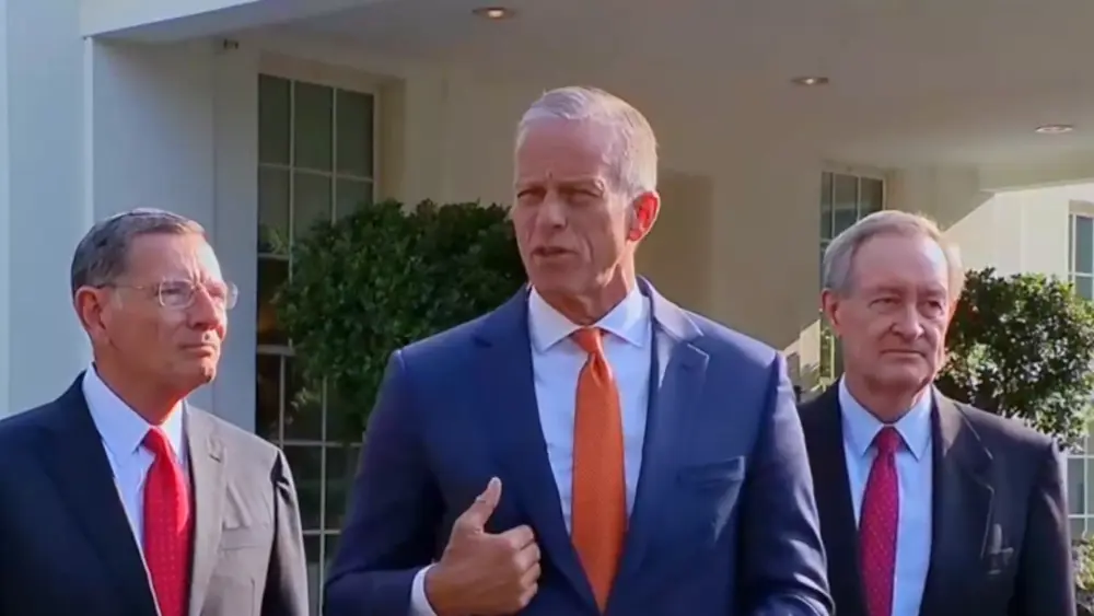 U.S. Senate Majority Leader Sen. John Thune, R-S.D., left, listens as Sen. Mike Crapo, R-Idaho Press Briefing: Republican Senate Leaders Speak to Reporters Outside the White House - June 4, 2025