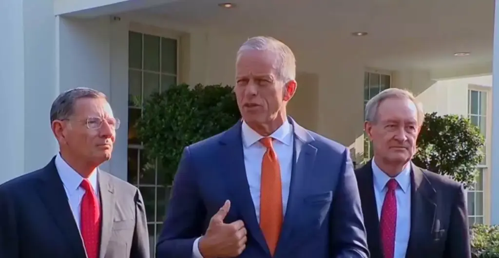 U.S. Senate Majority Leader Sen. John Thune, R-S.D., left, listens as Sen. Mike Crapo, R-Idaho Press Briefing: Republican Senate Leaders Speak to Reporters Outside the White House - June 4, 2025