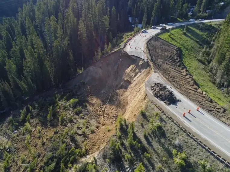A drone captured this photograph of the Big Fill Slide on June 8, 2024, the morning it was discovered. (Wyoming Department of Transportation)