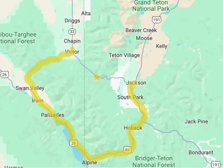  The detour from Victor, Idaho, to Jackson is highlighted. A star marks the site of the landslide on Wyoming Highway 22 over Teton Pass. (Tennessee Watson/Google maps)
