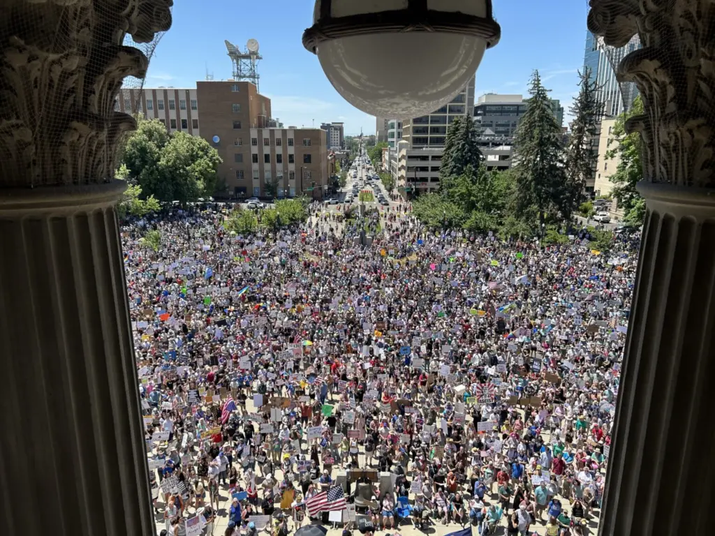 Thousands of Idahoans lined Jefferson Street in front of the Idaho Capitol Building in Boise on June 14, 2025, to protest the Trump administration as part of a nationwide “No Kings” Day protest. (Christina Lords/Idaho Capital Sun)