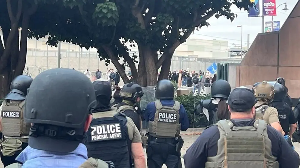 Federal law enforcement officials faced off with violent rioters in Los Angeles on Friday, June 6, 2025. In a social media post the next day, the U.S. Immigration and Customs Enforcement account said offers were outnumbered as 1,000 surrounded and attacked a federal building. @ICEgov | X