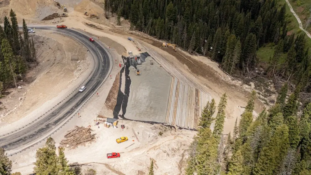 Crews are getting ready to pave the final stretch of new roadway after a painstaking rebuild of the “Big Fill,” which collapsed last year. (Photo courtesy of the Wyoming Department of Transportation)