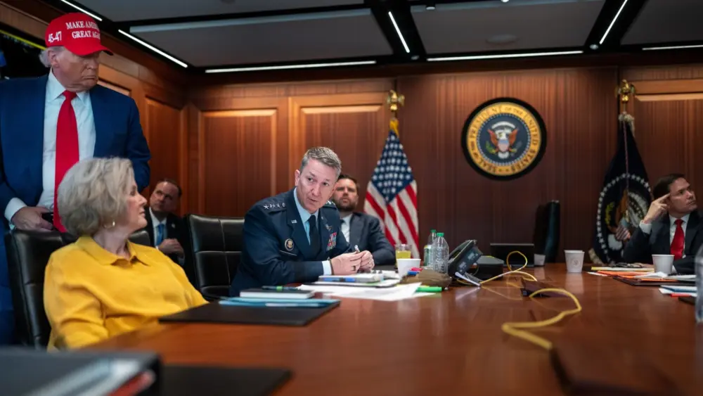 President Donald Trump, White House Chief of Staff Susie Wiles, and Chairman of the Joint Chiefs of Staff Dan Caine in the Situation Room of the White House, Saturday, June 21, 2025. Portions of this photo have been blurred for security purposes. (Official White House Photo by Daniel Torok)