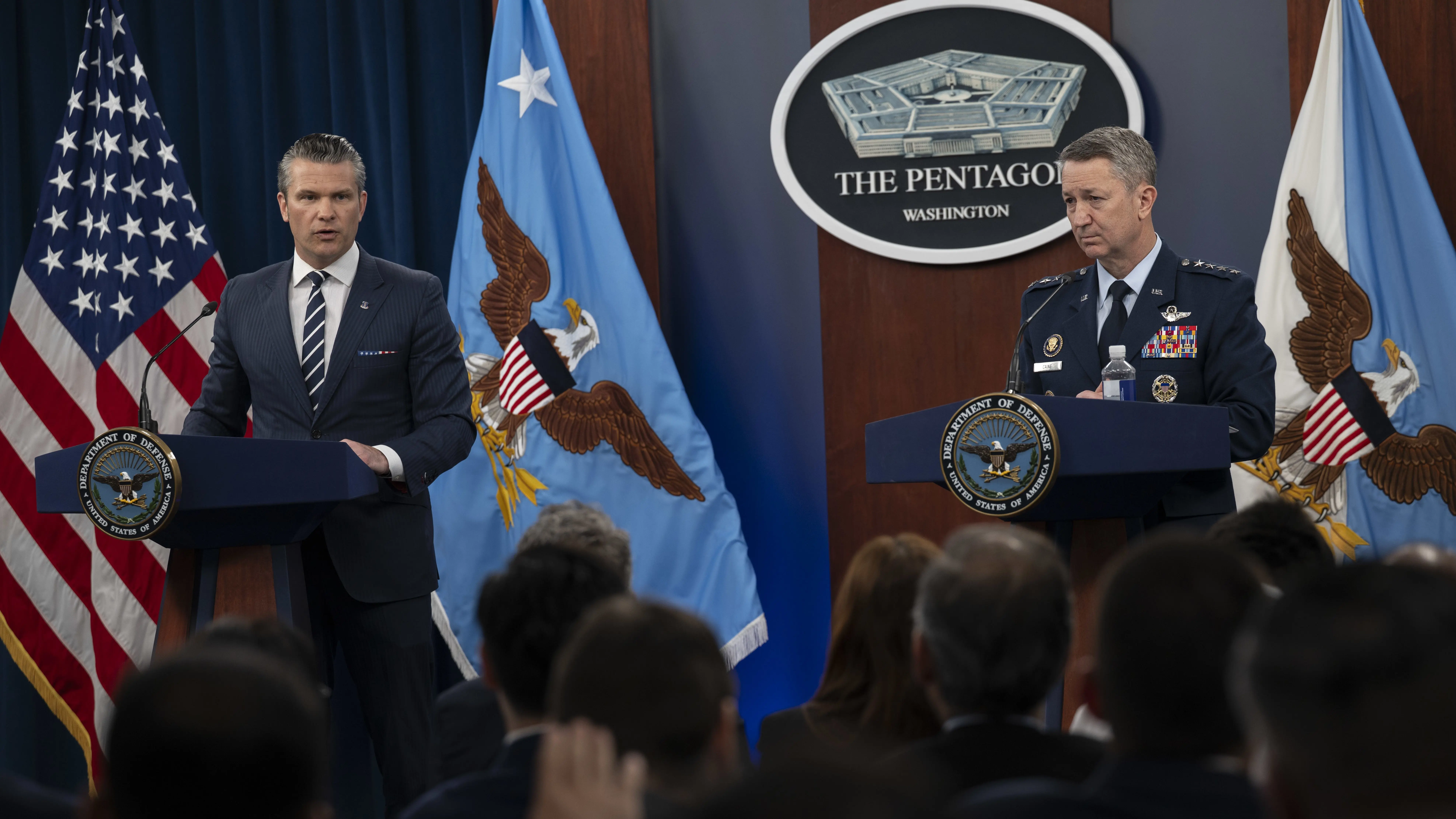 Defense Secretary Pete Hegseth and Chairman of the Joint Chiefs of Staff Air Force Gen. Dan Caine participate in a press briefing at the Pentagon, June 22, 2025.