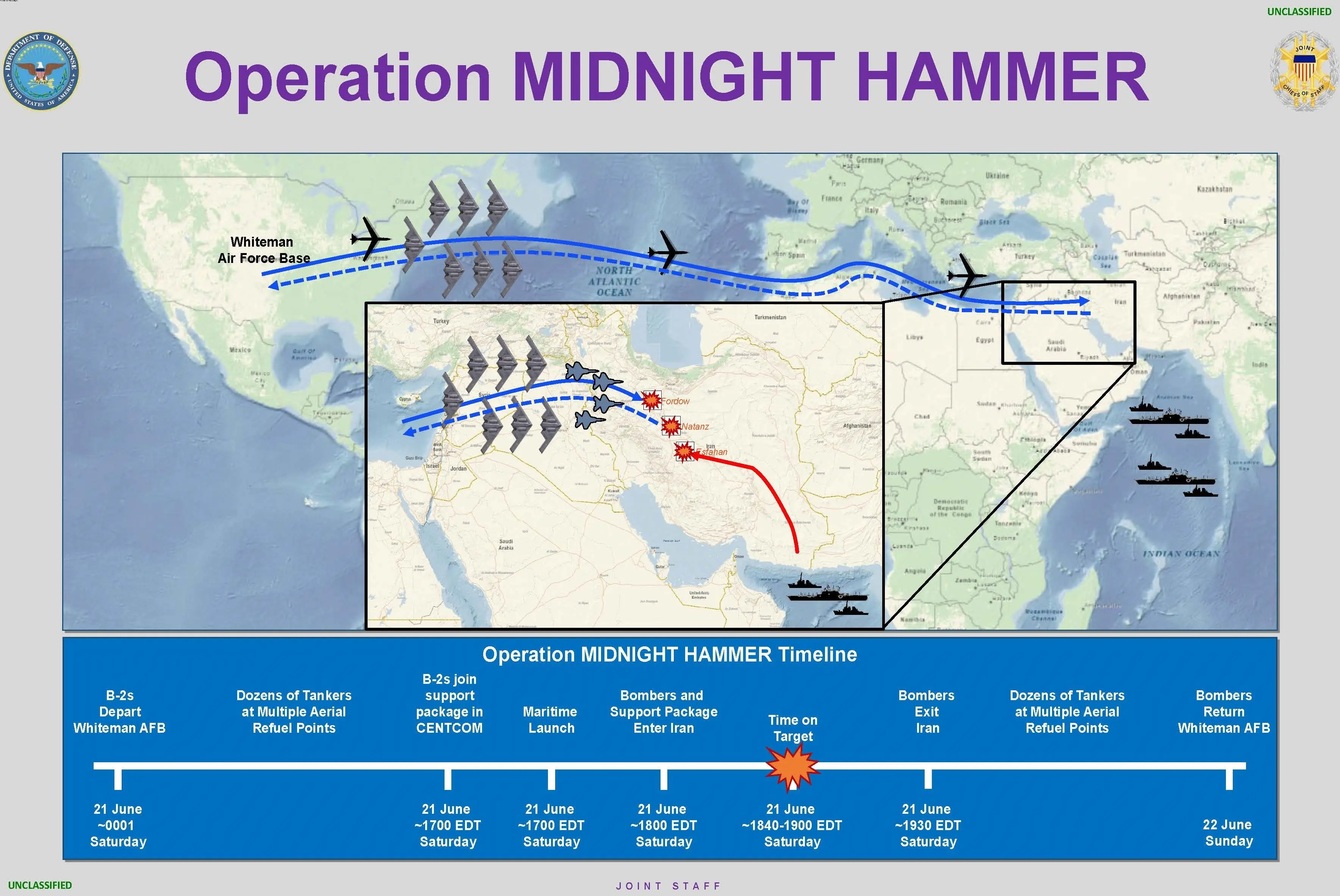 An illustration depicting the timeline of the United States air strike against Iranian nuclear sites. Credit:OSDPA