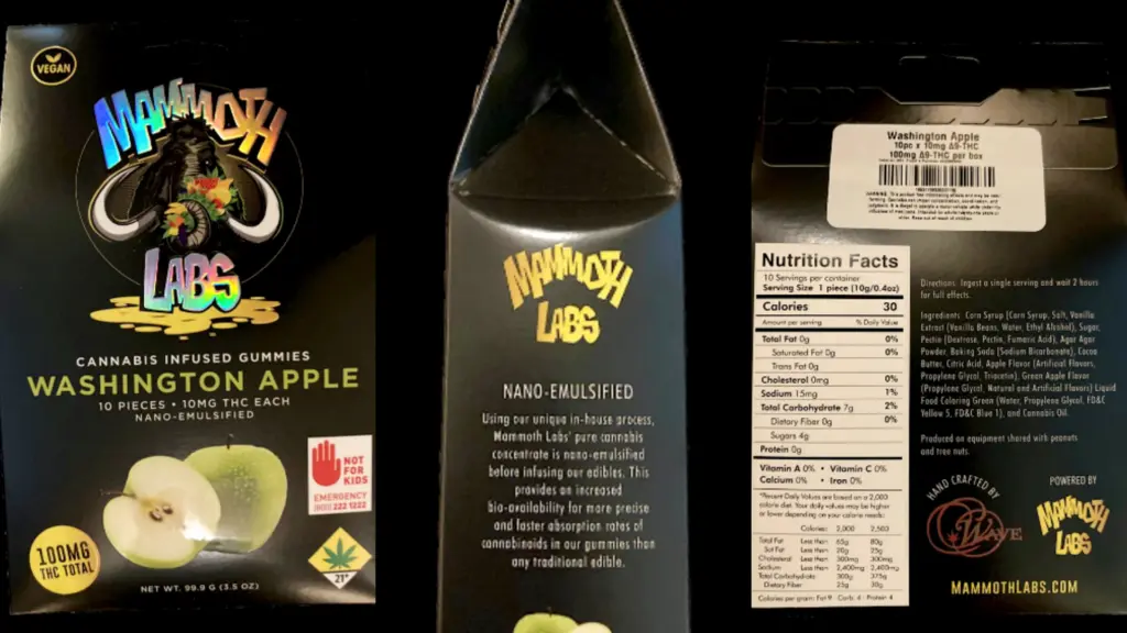 The front, side, and back of packaging for a cannabis product used from the study. (Photos courtesy of Stacey Hust)