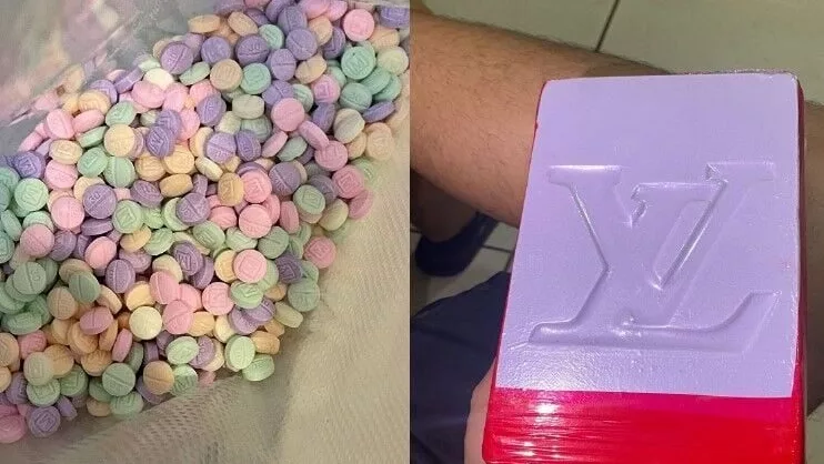 Rainbow colored fentanyl pills and fentanyl bricks with "Louis Vuitton" and "Rolls Royce" stamps. Justice Department handout