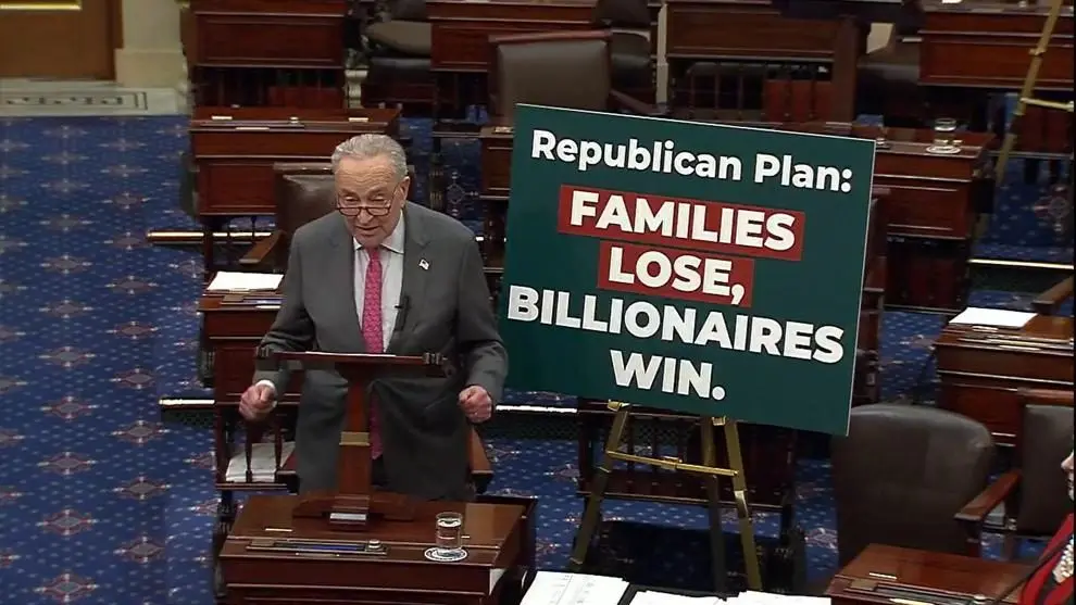 Sen. Chuck Schumer, D-N.Y., speaks on the Senate floor about the Senate budget resolution on April 3, 2025. U.S. Senate video