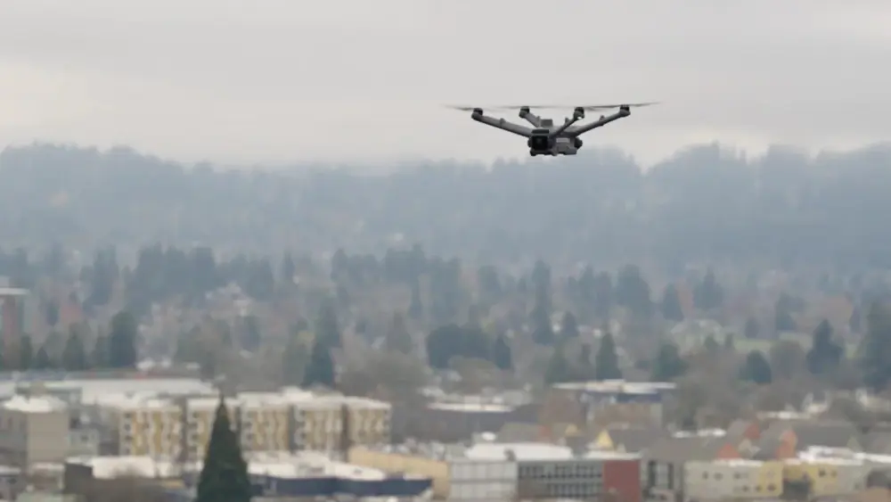 A drone flies above Eugene. Oregon’s Court of Appeals chided the Oregon State Police Wednesday for using warrantless, “technologically-enhanced surveillance” to bust an illegal marijuana operation. (Photo courtesy of Eugene Police Department)