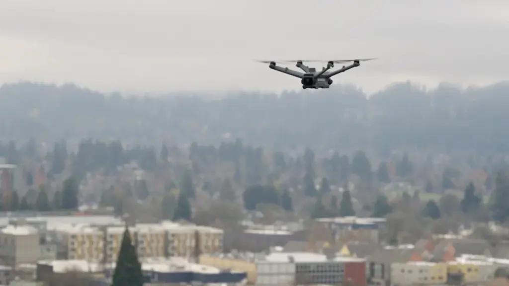 A drone flies above Eugene. Oregon’s Court of Appeals chided the Oregon State Police Wednesday for using warrantless, “technologically-enhanced surveillance” to bust an illegal marijuana operation. (Photo courtesy of Eugene Police Department)