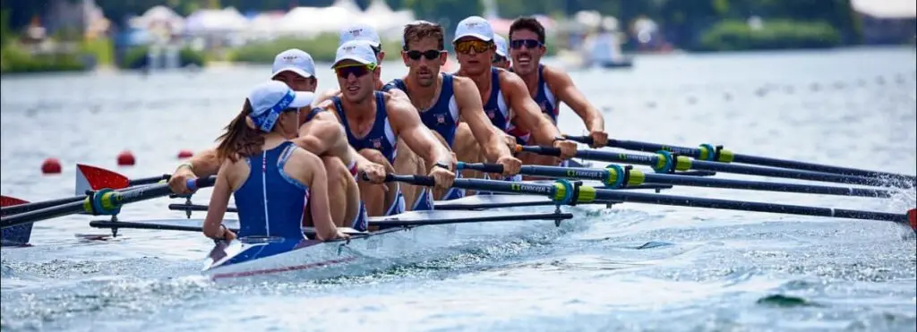 Cunningham raced in an eight-man shell for Team USA in the World Cup in Lucerne, Switzerland. (Photo courtesy of Cedar Cunningham)